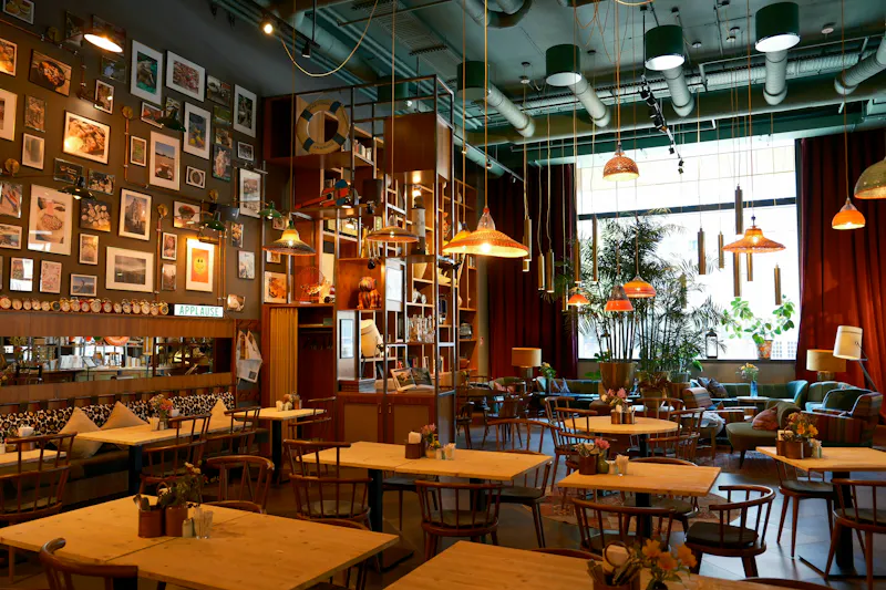 Cozy restaurant dining area with warm lighting